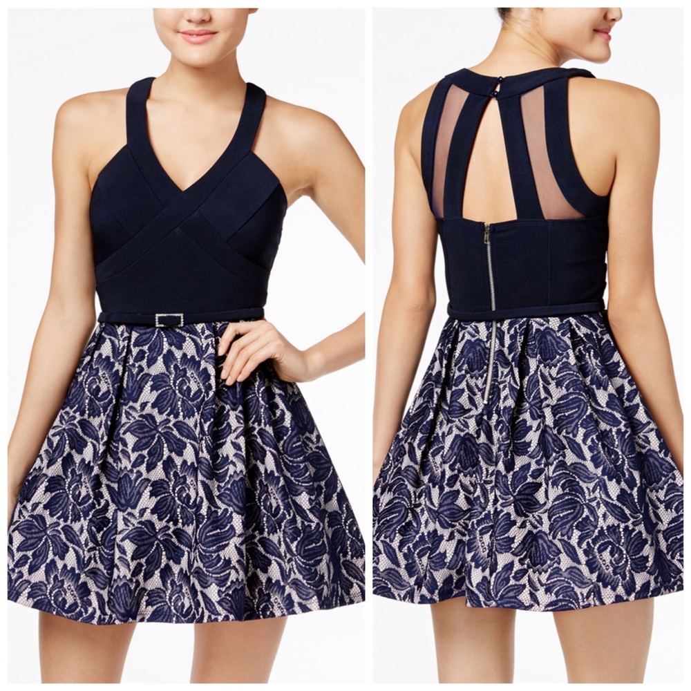 Crystal Doll Navy Lace Belted Flare Dress Sz 5 & 7 - Picture 1 of 6